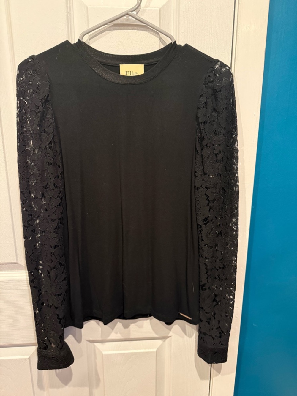 Elie Tahari Black Long-Sleeve Top with Lace Sleeves
